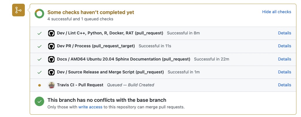 CI window showing the status of the code checks in case of changes made to the documentation.