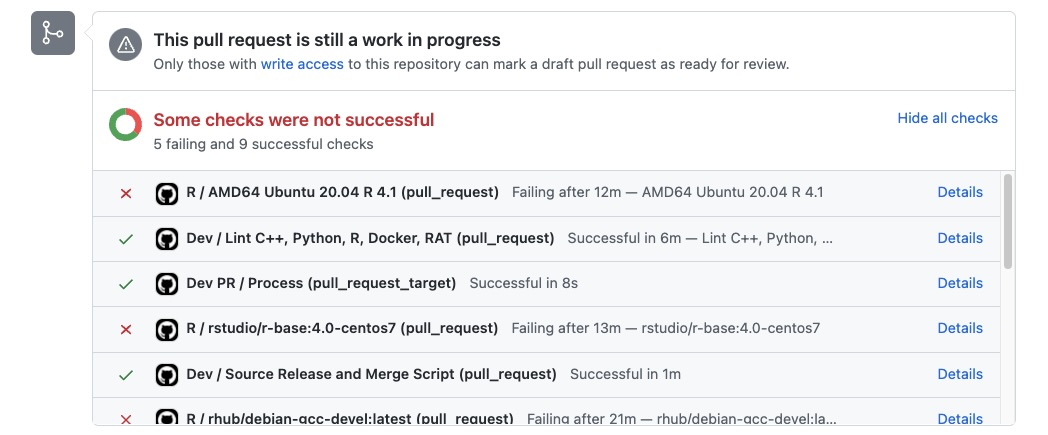 CI window showing the status of the code checks in case of changes made to the R files.